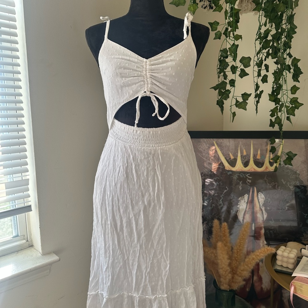 White Ruched Cut-Out Midi Dress